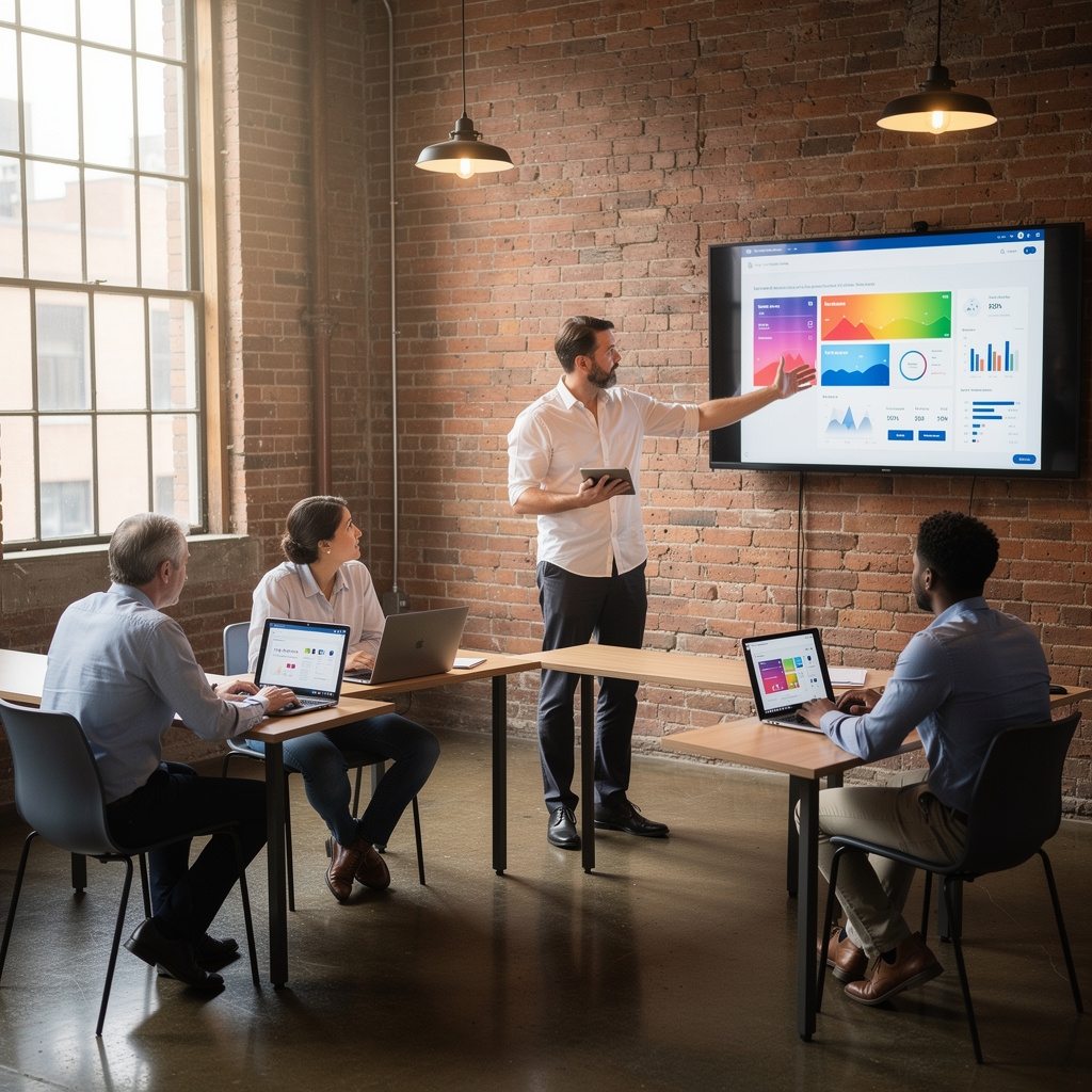 Grupo en formación de analítica digital con ordenadores